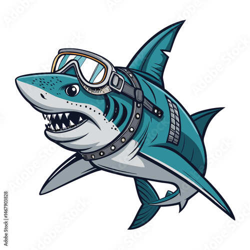 A cyberpunk shark wearing a diving mask and equipped with futuristic harpoon gear, neon-lit underwater scene.