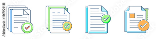 Document approval icons set, flat line vector illustrations of paper files with checkmarks, 4 business document validation symbols