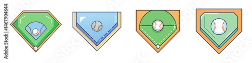 Baseball field icons set, flat vector baseball diamond illustrations, 4 sports field elements for league branding and game apps