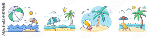 Cartoon illustrations of summer beach scenes with umbrellas, palm trees and beachballs