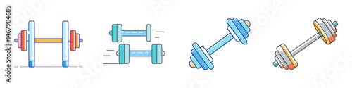 Illustrated set of dumbbells for weightlifting and fitness, various angles shown