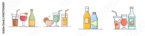 Collection of Flat Design Styled Drink Illustrations Featuring Cocktails and Beverages