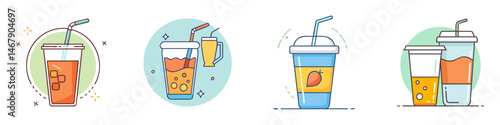 Cartoon illustration showing four different types of refreshing drinks with straw