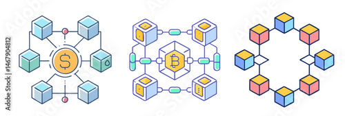Colorful blockchain network featuring dollar, bitcoin and generalized nodes in a decentralized system