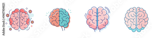 Four different styles of brain illustrations depicting the duality of mind