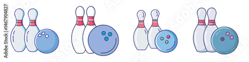 Bowling equipment icon set, blue bowling ball and white pins with red stripes, flat vector illustration collection for sports apps