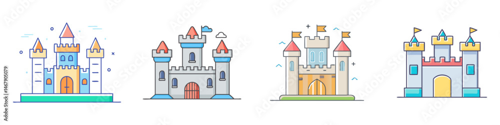 Fototapeta premium Medieval castle flat line icons, set of 4 fairytale fortress vector illustrations, colorful palace buildings with towers and flags