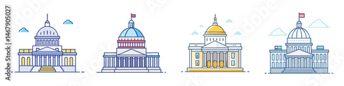 Four Cartoonish Illustrations of Different State Capitol Buildings with Flags on Top