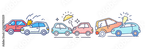 A comical cartoon depiction of three different car accidents happening at once