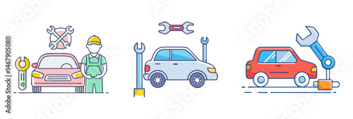 Car repair and maintenance services presented in simple cute colorful icons