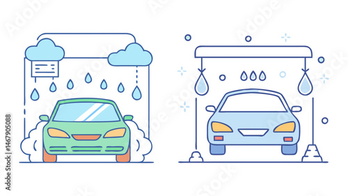 Stylized Car Wash Illustration with Rain and Bubbles in Line Art Style
