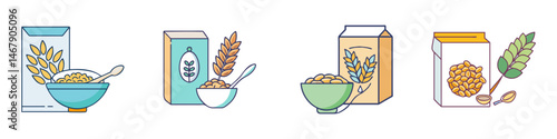 Variety of breakfast cereals with grains and bowls in cartoon style illustration