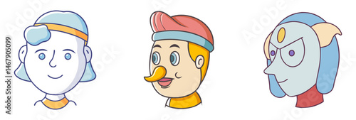 Cartoon Character Head Trio with Unique Features and Color Palettes
