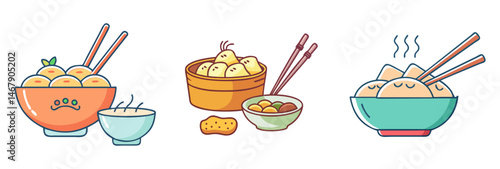Cartoon Style Illustration of Various Asian Dumplings in Bowls with Chopsticks