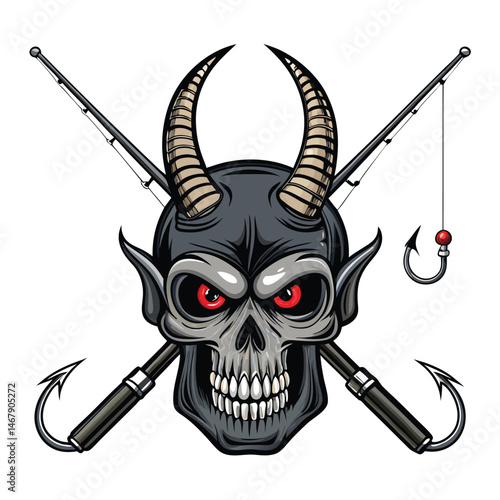 A human skull with fishing hooks replacing its horns, a fishing rod positioned behind it, against a dark background.  Detailed, macabre, artistic rendering.