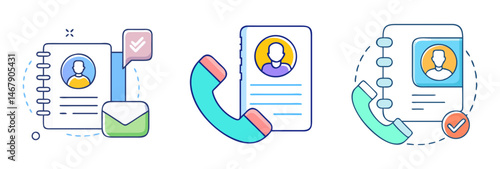 Illustrations depicting different methods of communication, including contact and confirmation