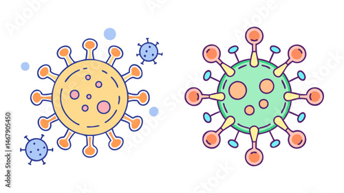Stylized coronavirus icons with varied colors and round structural design elements
