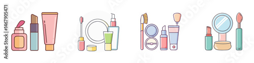 Collection of various makeup and skincare products arranged in neat groupings