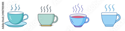 A delightful collection of steaming teacups and coffee cups in pastel colors