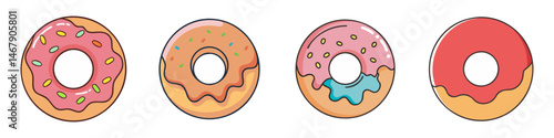 Colorful cartoon donuts in a row with different frosted toppings and sprinkles