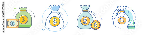 Collection of stylized money bags with coins and dollar bills icons