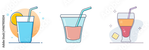 Illustration of three cartoon style refreshing summer beverages on a white background