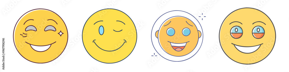 Fototapeta premium Four yellow circle emoji faces with unique expressions and emotional states