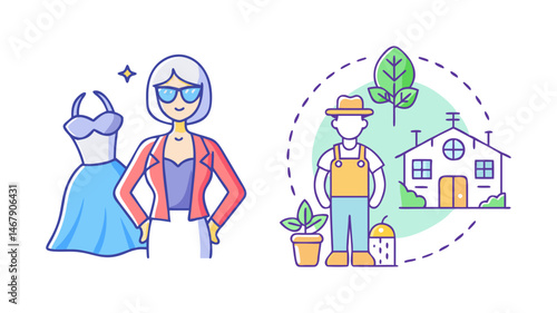 Fashion designer and organic farmer professions visualized in a modern graphic art
