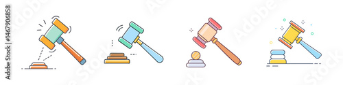 Stylized Gavel Illustrations Representing Justice and Legal Concepts in Various Color Themes