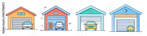 Colorful Cartoon Garages with Cars Inside Illustration for Residential Concepts