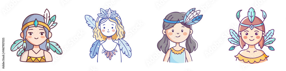 Obraz premium Cute cartoon Native American girls with feathers on white background illustration