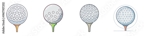 Four stylized golf balls on tees with different visual representations of dimples