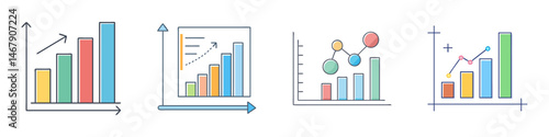 Collection of colorful bar graphs and line charts illustrating business performance metrics