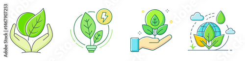 Set of ecofriendly and sustainable icons, clean energy and environmental protection