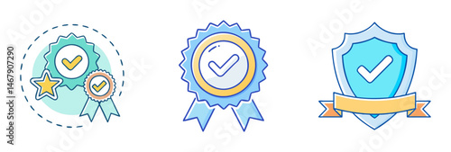 Illustration of achievement badge set, quality and satisfaction guarantee certificates design