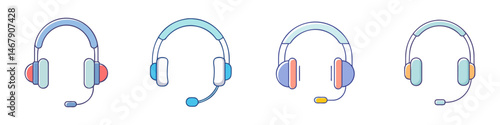Four different call center headset designs and color variations in cartoon style