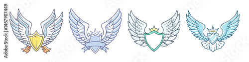 Assorted emblems featuring wings and shields in a cartoon style design