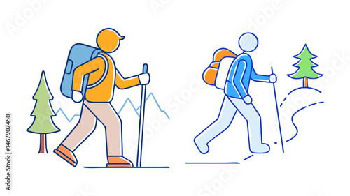 Two hikers with backpacks and trekking poles in a minimalist illustration