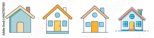 Four stylized houses with different colors and simple design elements isolated