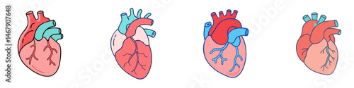 Human heart diagrams in various artistic styles, rendered in cartoon drawings