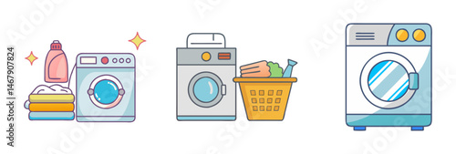 Laundry Day with Washing Machines, Detergent, and Basket Filled with Clothes