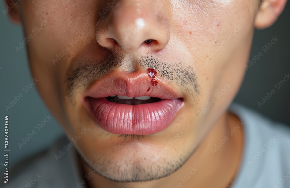 Fototapeta premium Close-up shot of young Asian man with angular cheilitis on lip. Inflammatory condition with ulcer, cracks, redness, dryness. Causes are deficiency of iron, zinc, B12, or trauma.