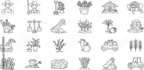 Soil ground and gardening editable stroke outline icons set isolated on white background flat vector illustration
