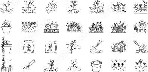 Soil ground and gardening editable stroke outline icons set isolated on white background flat vector illustration