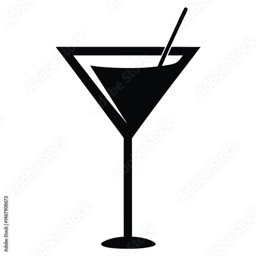 Isolated silhouette presents a classic martini glass icon with a sleek straw element