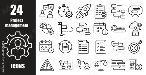 A collection showcases twenty four distinct black line icons symbolizing various project management principles and methodologies