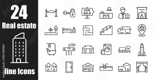 Property icons in black outline show houses, architecture, and interiors in simple elegant forms