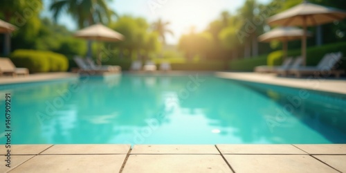 Serene Blurred Background of a Turquoise Swimming Pool with Lounge Chairs and Palm Trees in Soft Focus, Tropical Vacation and Relaxation Ambiance.