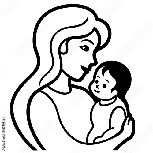 Mother and baby illustration, loving style, family concept, black and white, copy space