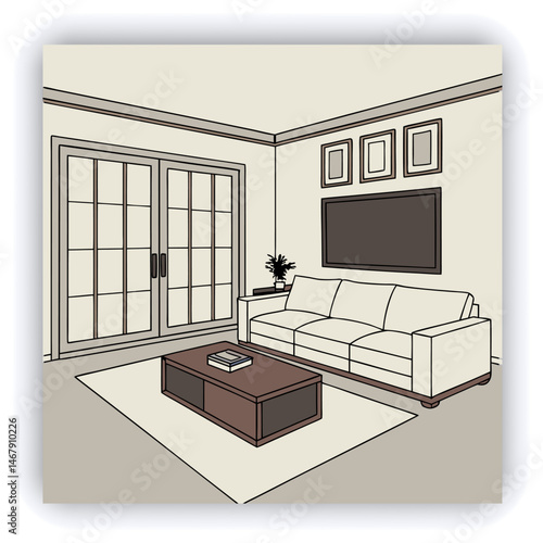 Stylish scandinavian living room with design mint sofa, furnitures, mock up poster map, plants and elegant personal accessories. Modern home decor. Open space with dining room. Template Ready to use.